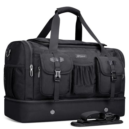 WITZMAN Duffle Bag for Men 55L Nylon Travel Weekender with Shoe Compartment - color: Black