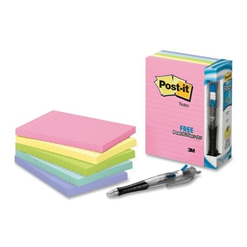 Post-it Lined Notes Value Pack in Assorted Pastel Colors with Free Flag Pen,Self-Adhesive, Repositio
