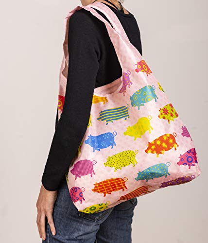 O-WITZ Reusable Grocery Bags | Vibrant Tote Bag For Groceries, Gym, Office, Beach Gear, Toys & More | Washable Design With Large Handles For Maximum Convenience | Folds Into A Small Pouch, Pig - color: Pig