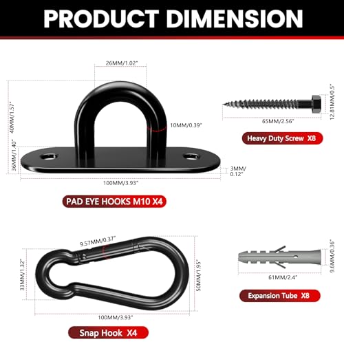 sprookber 304 Stainless Steel Pad Eye Snap Hook,M10 Ceiling Hook 1700Lb,8Pc | Hanging Kit with Screws for Hammock Chair Swing, Yoga Gym Equipment, Sun Shade Sail, Plant Hangers & Marine Boat Hardware - size: 4 Inch, style: Black Oval