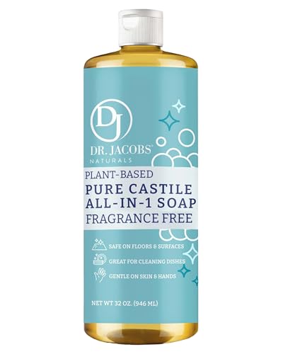 Dr. Jacobs Naturals Fragrance Free Castile All-in-One Cleaner and Soap - Plant-Based Formula for House Cleaning Floors and Appliances - Gentle on Skin and the Planet - 32 oz, 1 Pack - size: 32 Fl Oz (Pack of 1), style: Unscented