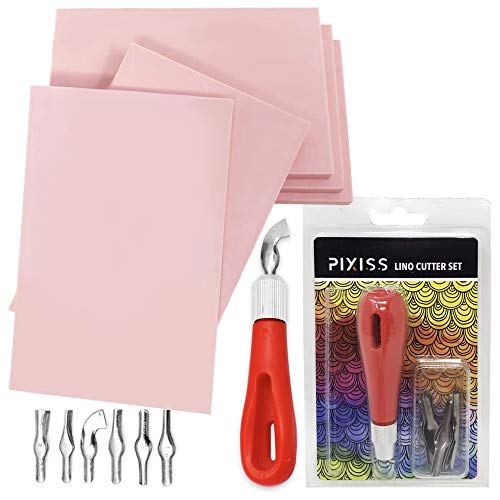 Stamp Pads for Rubber Stamps 5-Pack (6x4) and Rubber Stamp Carving Tools - Block Printing Kit by Pixiss - Rubber Block Stamp Maker Printmaking Supplies - size: 5 Rubber Blocks + Carving Tool
