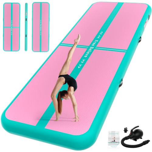 FINCOME Inflatable Gymnastics Air Mat Tumble Track Mats for Home with Pump | 10/13/16/20ft Tumbling Mat for Training Cheerleading Yoga Home 4”/6” Thick Air Mat Indoor Outdoor Waterproof Durable PVC - color: Green Pink, size: 20ft*6.6ft*6inches(6m*2m*0.15m