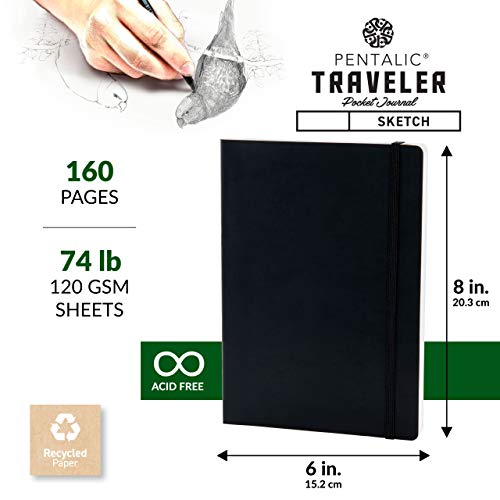Pentalic Traveler Midnight Sketch Black Paper Journal, 160 Pages, Black (6" x 8") - size: 6-inch x 8-inch, Black