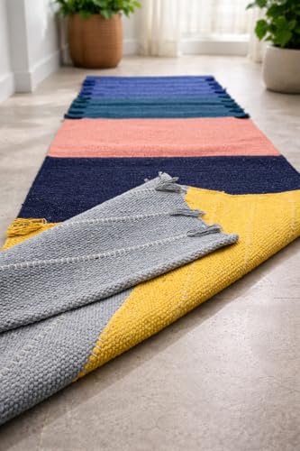 Indian Handmade100 % Organic Anti Skid Multi Colour Cotton Yoga Mat - Eco-Friendly Hand-Woven Rug - Non-Slip & Thick (24”x72”x5mm) for Hot yoga & Everyday Fitness at Home - Comfortable & Foldable Extra-Long Mat - color: Multi 6