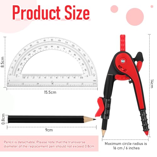 EBOOT Student Geometry Math Set, Drawing Compass and 6 Inch Clear Swing Arm Protractors 180 Degree Math Protractor(Red) - color: Red