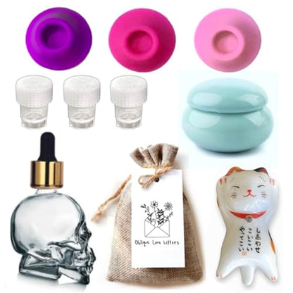 Ceramic Inkwell Set with Cute Cat Pen Rest - Calligraphy Ink Pot and Silicon Dinky Dip Holder for Dip Pens Portable Travel Inkwell Set for Calligraphy Glass Dropper Bottle