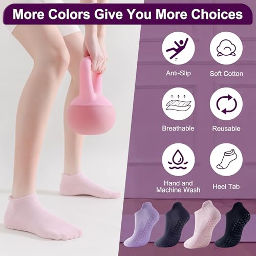 PilatesYogaGripSocksforWomenCushionedGrippyCottonNonSlipAthletic - color: 4 Pairs Purple