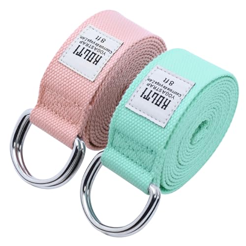 Yoga Exercise Adjustable Straps 8FT with Durable D-Ring for Pilates & Gym Workouts | Hold Poses, Stretch, Improve Flexibility & Maintain Balance - color: Light green&pink
