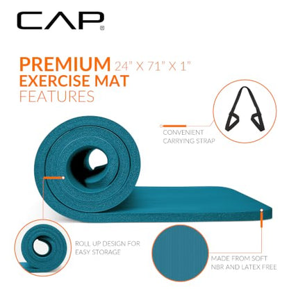 CAP Barbell 1-Inch High Density Exercise Yoga Mat with Strap | Multiple Colors - color: Teal
