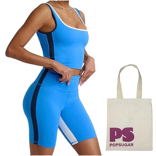 Two piece workout sets for women, 2 piece Gym Sets Tank Top Shelf Sports Bra And Matching Biker Shorts Running Work Out Yoga - color: Bright Sky/Blue Storm/White Light, size: Small