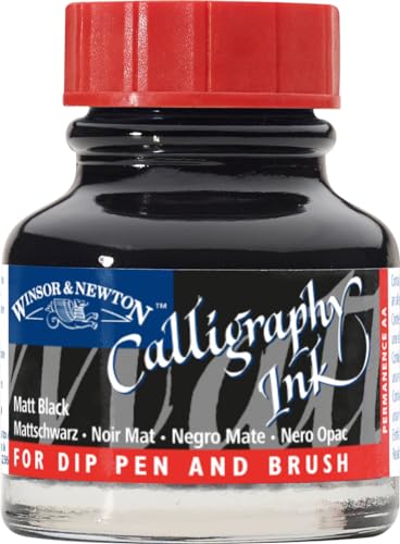 Winsor & Newton Calligraphy Ink, 30ml (1-oz) Bottle, Matt Black | Lightfast Colors, Satin Finish, Thin Inks Suitable for fip-pens, brushes and airbrushes; Opaque Colors for dip-pen or brush - color: Matt Black, size: 1 fl oz