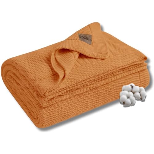 Dalisa 100% Organic Turkish Cotton Throw Blanket 80x90 Inches Saffron Gold– GOTS Certified, Cozy, with Recycled Gift Box – Perfect for Couch, Bed, and Home Decor – Boho Vintage Knit Alina - color: Saffron Gold, size: 80x90