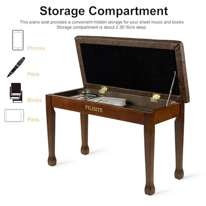 Duet Piano Bench with Storage, Wooden Piano Stool with Waterproof Padded Cushion, Bench Seat for Vanity, Living Room, Bedroom (Wood) - color: Duet-wood