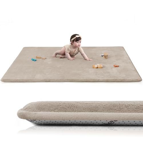 Huloo Sleep Baby Play Mat for Floor,1.3" Thick Elasti-Foam 50"×74" Playpen Mat for Tummy Time,Water Repellent Soft Coral Velvet for Toddler,Infant,Kids,Non-Slip Backing Safe for Crawling(Beige) - color: Beige, size: 74"×50"×1.3"