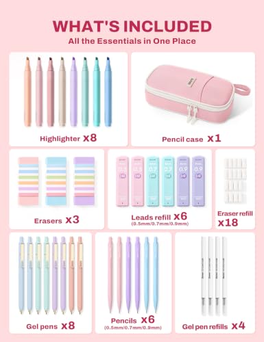 SUNEE Pencil Case with Supplies, 54PCS Aesthetic Stationery Set with 8 Pastel Highlighters, 8 Gel Pens Black Ink, 6 Mechanical Pencils, Back to School, College Essentials for Students, Pink - color: Pink, style: 54 Pack