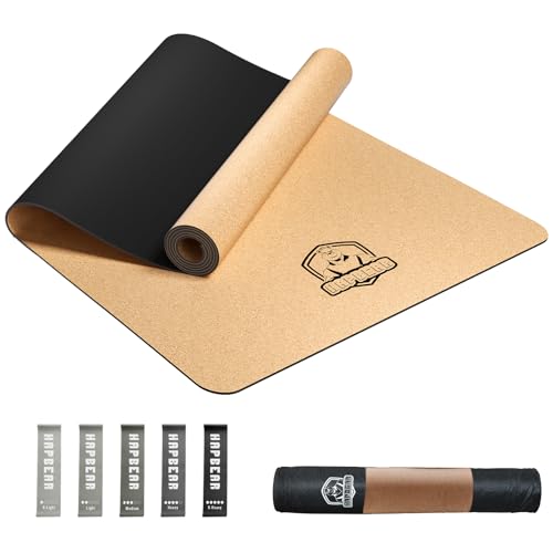 HAPBEAR Cork Yoga Kit: 72"x36" Wide Non-Slip Cork Yoga Mat (w/Resistance Bands & Carry Bag) + 2-Pack 9x6x3" High-Density EVA Yoga Blocks