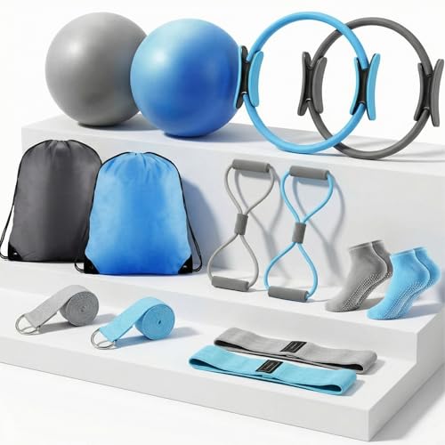 Poen Pilates Equipment Kit for Home Workout Pilates Ring and Ball Set for Women 12'' Circle Yoga Fitness Essentials Kit with Resistance Bands, Yoga Strap, Socks,Bag - color: Blue, Gray