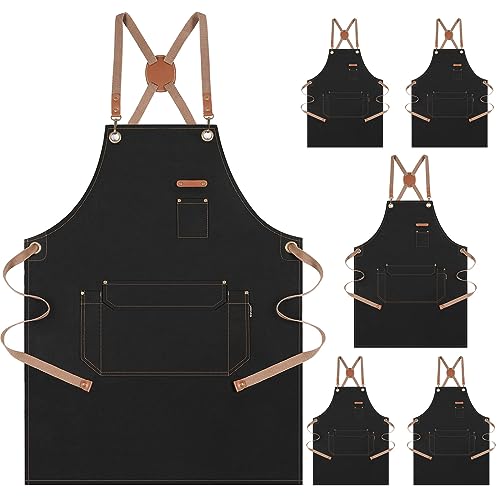 Genixart Chef Apron Men Women, Kitchen Aprons Cooking, BBQ - Black, 6 Pack | Box Packed, Cotton Canvas, Cafe, Bar, Workshop, Restaurant, Water & Oil Stain Resistant, Cross Back Adjustable, Large Pockets - color: Black, 6 Pack