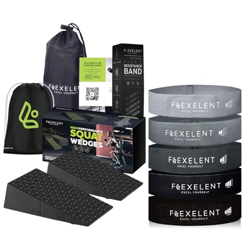 Flexelent Black Squat Wedge Block & Fabric Resistance Bands Bundle - Heel Elevated Squat Wedge for Weight Lifting with Short Fabric Exercise Bands for Legs, Glutes, and Strength Training
