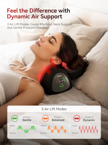 FliKEZE Neck Support Pillow with Air Lift Massage | Dynamic air lift support with dual-wavelength red light, gentle heat, cordless design and removable small pillow, Black