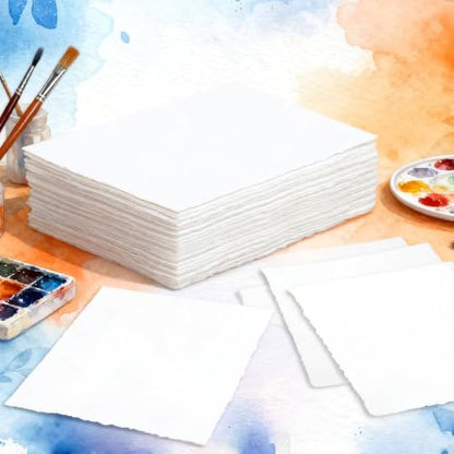 60 Sheets 4 x 6 inch Handmade Cotton Watercolor Paper 160GSM Deckled Edge - size: 4 x 6 inch
