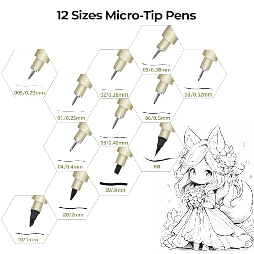 Black Micro Pens, 12 Sizes in 0.23mm - 5mm, Waterproof Archival Ink, Fine Point Pen for Artist Illustration, Sketching, Anime, Manga and Technical Drawing - color: 12 Pack (Black & 12 Size)