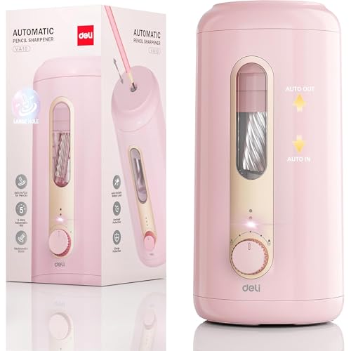 deli Electric Pencil Sharpener, Fully Automatic Pencil Sharpener, Pink | Suitable for 6.9-10.8mm Colored/Jumbo Pencils, Auto in & Out, Rechargeable Hands-Free Sharpener for Classroom Home Office， - color: Pink