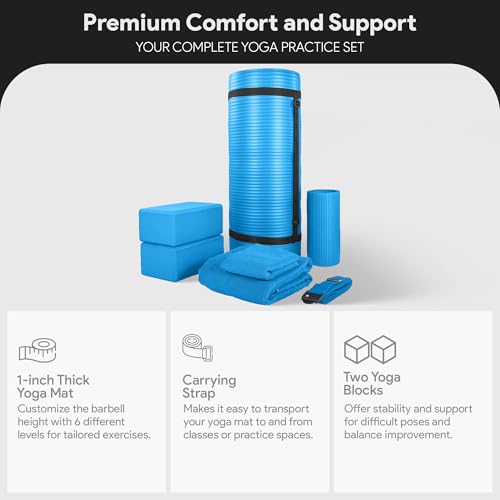 BalanceFrom 7-Piece Yoga Set with 71x24x1 Inches Extra Thick Mat and Carrying Sling – Includes 2 Blocks, Stretch Strap, 2 Towels, and Knee Pad for Home, Studio, and Gym Workouts - color: Blue
