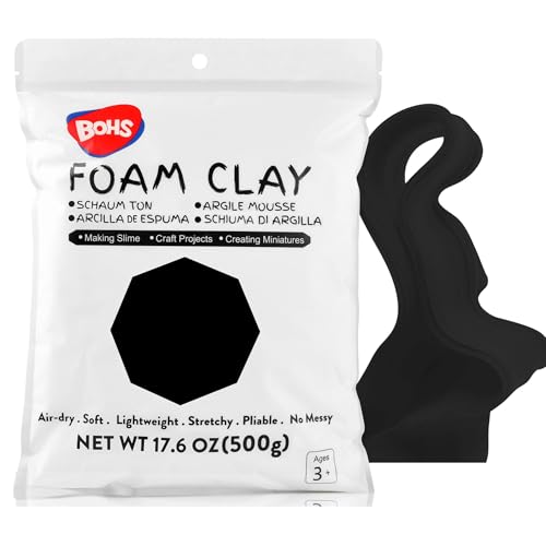 BOHS Foam Clay, Black Air Dry Modeling Clay, 1.1 lb | Soft, lightweight; crack-free finish; EVA and polystyrene foam details; cosplay props, figurines, fake bakes and slime making - color: Black, size: 500 g
