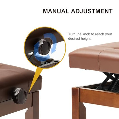 Adjustable Height Duet Piano Bench, Wooden Piano Stool with Waterproof Padded Cushion, Bench Seat for Vanity, Bedroom, Living Room, Light Brown - color: Duet-wood