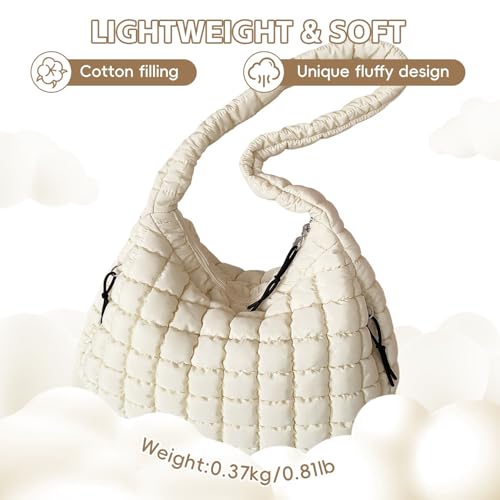Puffer Tote Bag for Women, Large Quilted Puffer Bag with Pouch, Puffy Quilted Hobo Bag, Puff Crossbody Purse - color: 1-white
