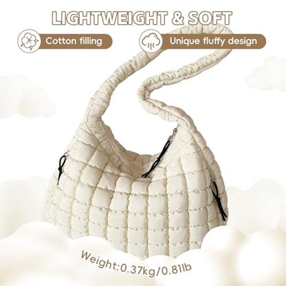 Puffer Tote Bag for Women, Large Quilted Puffer Bag with Pouch, Puffy Quilted Hobo Bag, Puff Crossbody Purse - color: 1-white