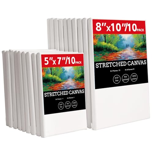 20 Pack Stretched Canvases for Painting-10 Packs of 5x7,8x10 | 100% Cotton Blank Painting Canvas for Oil, Acrylic Paint & Other Painting Media - size: 10 Pack of 5x7 and 8x10