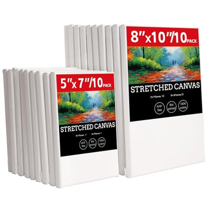20 Pack Stretched Canvases for Painting-10 Packs of 5x7,8x10 | 100% Cotton Blank Painting Canvas for Oil, Acrylic Paint & Other Painting Media - size: 10 Pack of 5x7 and 8x10