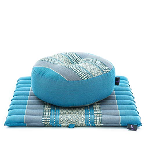 Leewadee Meditation Cushion Set – 1 Small Zafu Yoga Pillow and 1 Small Roll-Up Zabuton Mat Filled with Kapok - color: Sf22 - Blue