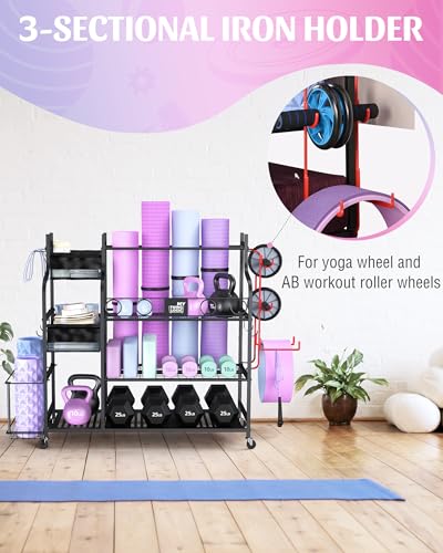 Mythinglogic Home Gym Storage Rack with Wheels for Dumbbells and Yoga Mats - color: Black