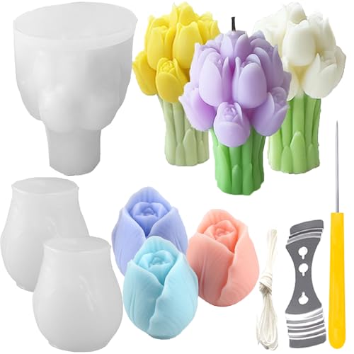 3 Pcs Tulip Bouquet Silicone Candle Molds Tulip Flower Candle Mold with Mold Punch&candlewick Hook Needle for Candle Making Handmade Plaster Craft Soap Making Home Decorating - color: 3-Pcs-Tulip