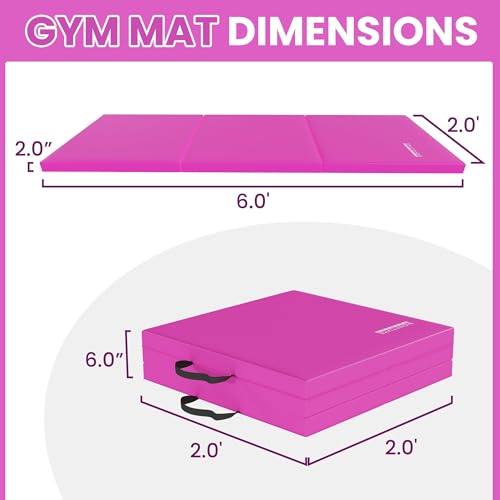 Fitvids Folding Exercise Gymnastics Mat for Tumbling, 2'x6'x2" Gym Workout Mat with Carrying Handles High-Density Anti-Tear Portable Fitness Aerobics Mats for Home Gym Yoga Pilates MMA Core Training - color: Rose