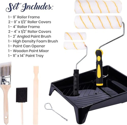 All Purpose Canvas Drop Cloth 4x12, Canvas Tarp for Painting, Bundle with Painting Tool Kit with Roller Covers, Roller Frames, Brushes and Tray for Household Painting, Cabinets and Crafts (11-Piece) - size: 1 Pack - 4x12 with Painting Tool Kit