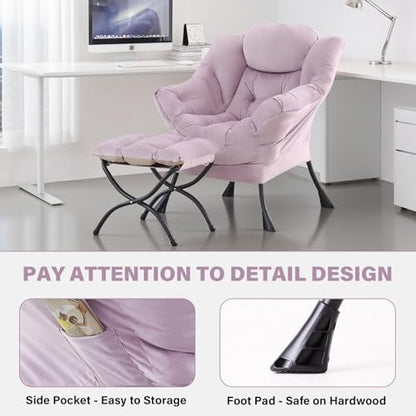 Tiita Lazy Chair with Ottoman, Comfy Reading Accent Chair, Light Purple | Foldable Footrest, Padded Seat and Backrest, Side Pocket for Lounging in Living Rooms, Bedrooms, Dorms and Small Spaces - color: Light Purple