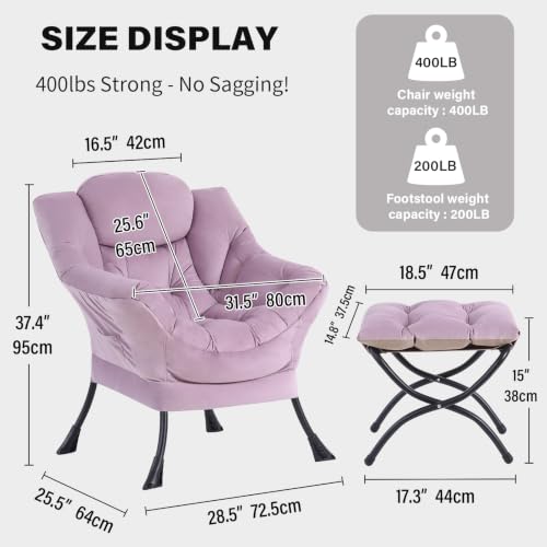 Tiita Lazy Chair with Ottoman, Comfy Reading Accent Chair, Light Purple | Foldable Footrest, Padded Seat and Backrest, Side Pocket for Lounging in Living Rooms, Bedrooms, Dorms and Small Spaces - color: Light Purple