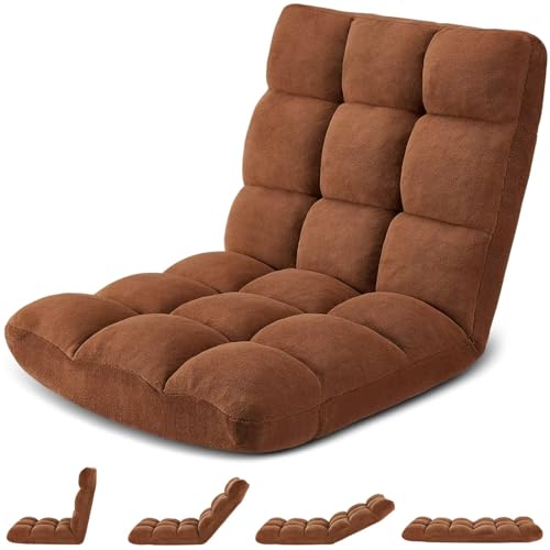 Folding Floor Gaming Chair 14-Poistion Cushioned Adjustable Floor Lazy Sofa Chair w/Breathable Cotton & Skin-Friendly Flannel for Adults & Kids Perfect for Reading Gaming Meditating, Brown - color: Tan