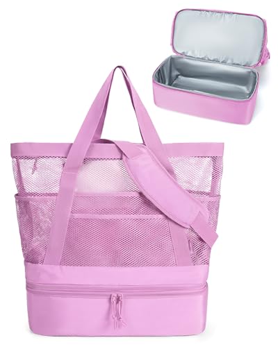 BAGSMART Beach Bag for Women, Mesh Tote Bags with Zipper, Sandproof Vacation Essentials with Cooler for Swim Cruise Pool - color: Purple