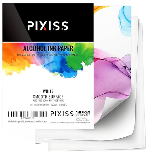 White Alcohol Ink Paper - 25 Sheets Pixiss Heavy Weight Art Paper for Alcohol Ink & Watercolor - Extra Smooth Synthetic Paper A4 5x7 inches, 300gsm