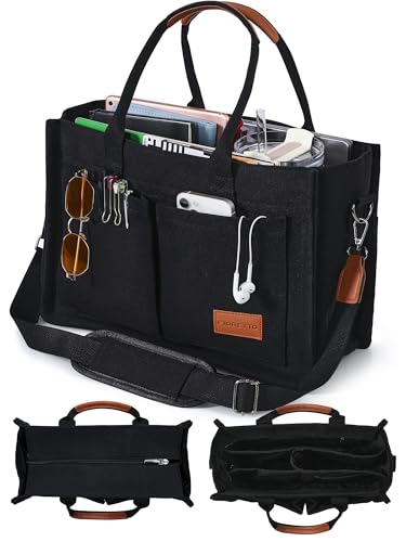 FIORETTO Canvas Tote Bag for Women with Zipper Closure & Individual Compartments for Work College for Teacher & Nurse - color: Black&brown, size: Medium