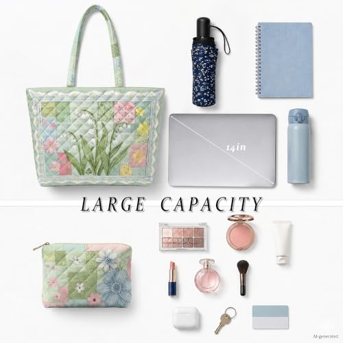 Quilted Tote Bag 2 Pack, Women's Tote Handbags for Work Travel - color: Sage Green Floral