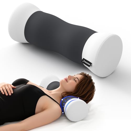 Neck Roll Pillow - Cooling Cover Round Neck Pillow for Sleeping - Memory Foam Cervical Support Pillow - Ergonomic Cylinder Pillows for Neck, Leg, Back, Yoga, Relaxing (Grey White) - color: Grey White