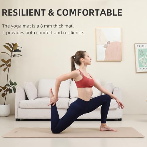 Yoga Mat Extra thick 8mm Exercise mat, Soft Lightweight TPE Fitness Mat with strap, High Elasticity, Anti-fatigue,non-slip mat for Women, Yoga, Camping, Travel, Gym & Outdoor | 72"L x 0.32"Th - color: Milk coffee