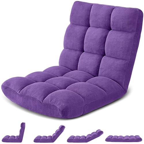 Folding Floor Gaming Chair, Adjustable 14-Position Backrest, 6-Inch Thick Flannel and Skin-Friendly Cotton Sponge, Breathable, Ideal for Gaming, Meditating, Sleeping, Purple - color: Purple